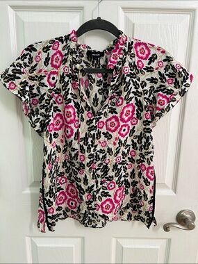 ME+EM Pink and Black Floral V-Neck Short Sleeve Blouse